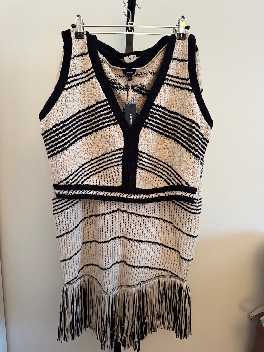 Striped Knit Fringe Two Piece Set in Cream and Black